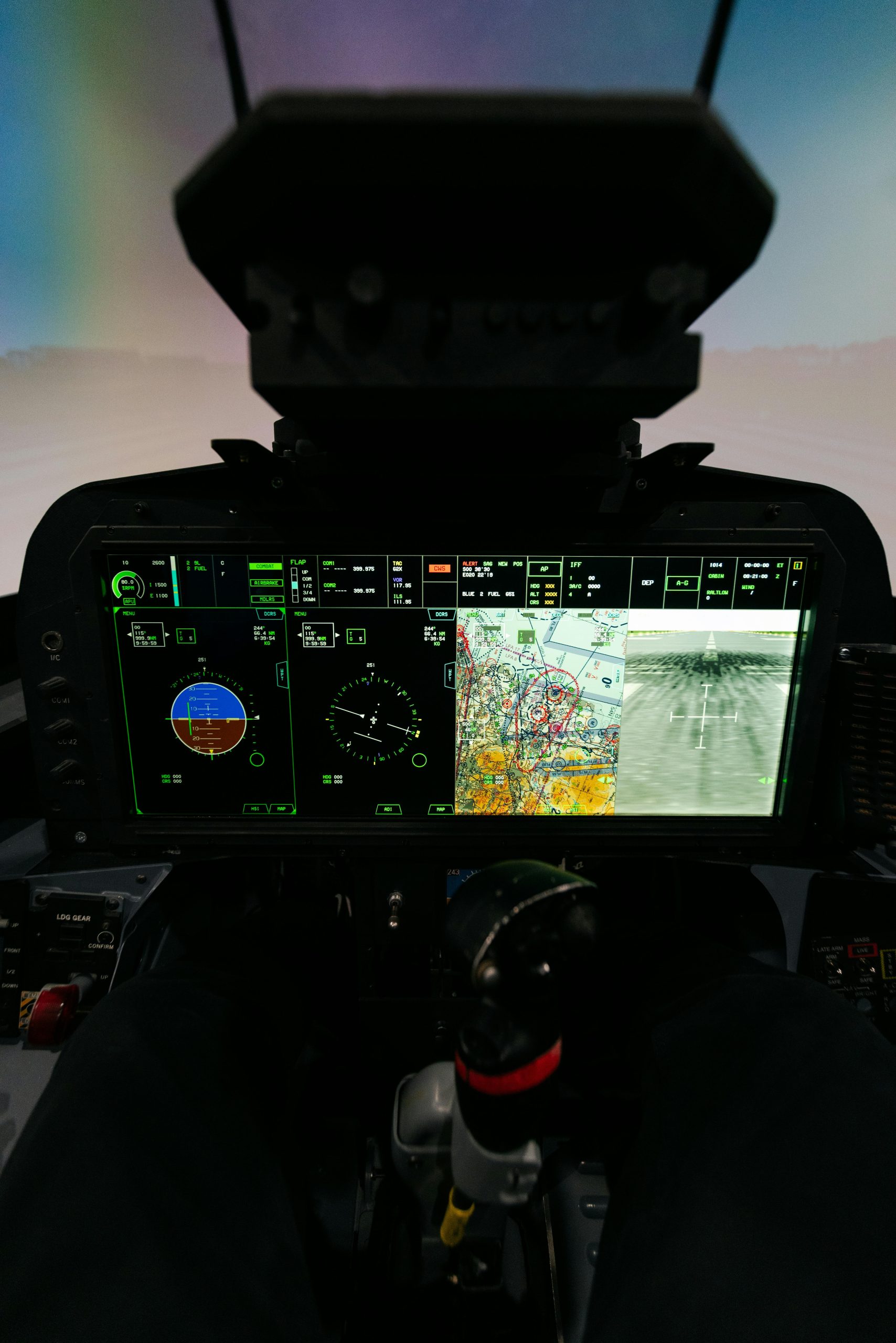 Cockpit screen with navigation and flight data for advanced training.